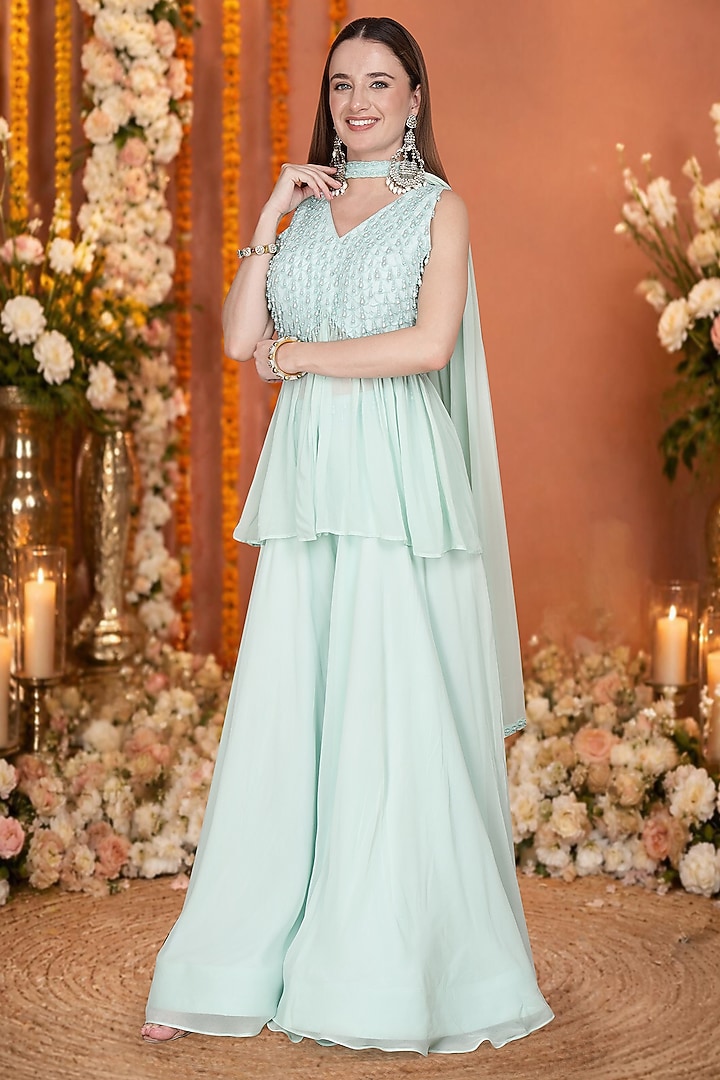 Light Sea Green Georgette Flared Wedding Sharara Set by Milu Madan at Pernia's Pop Up Shop