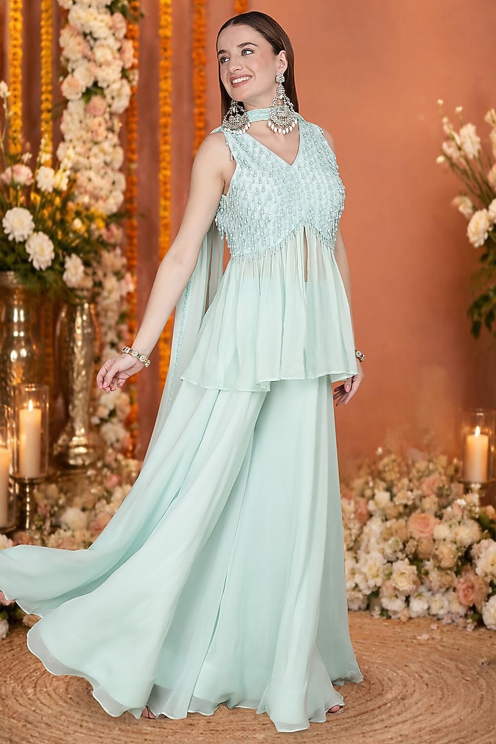Light Sea Green Georgette Flared Wedding Sharara Set by Milu Madan at Pernia's Pop Up Shop