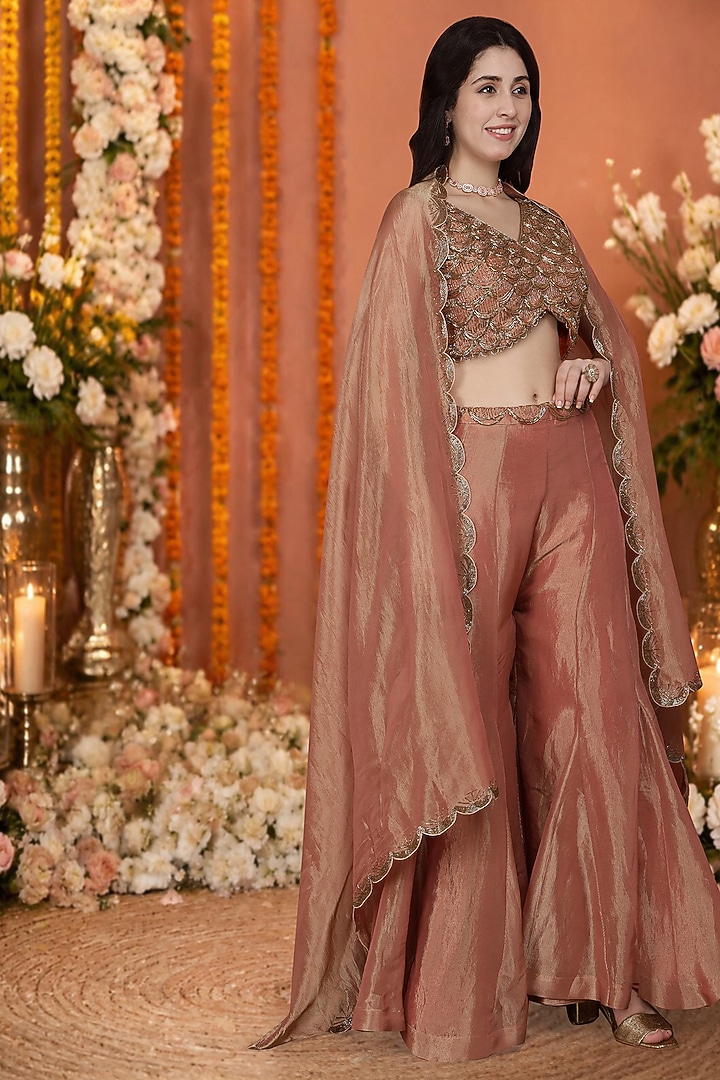 Rust Tissue Flared Wedding Sharara Set by Milu Madan at Pernia's Pop Up Shop