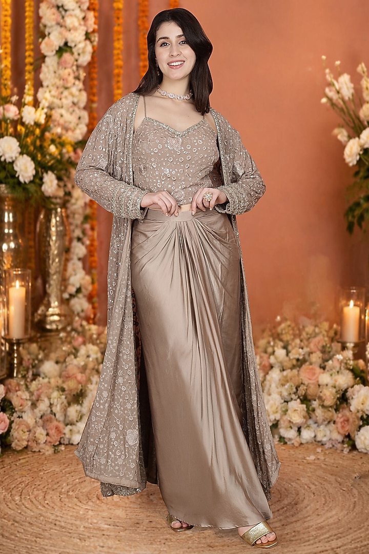 Dark Brown Modal Satin Draped Skirt Set by Milu Madan at Pernia's Pop Up Shop