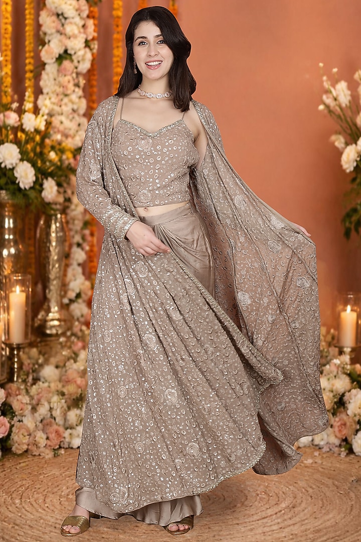 Dark Brown Modal Satin Draped Skirt Set by Milu Madan at Pernia's Pop Up Shop