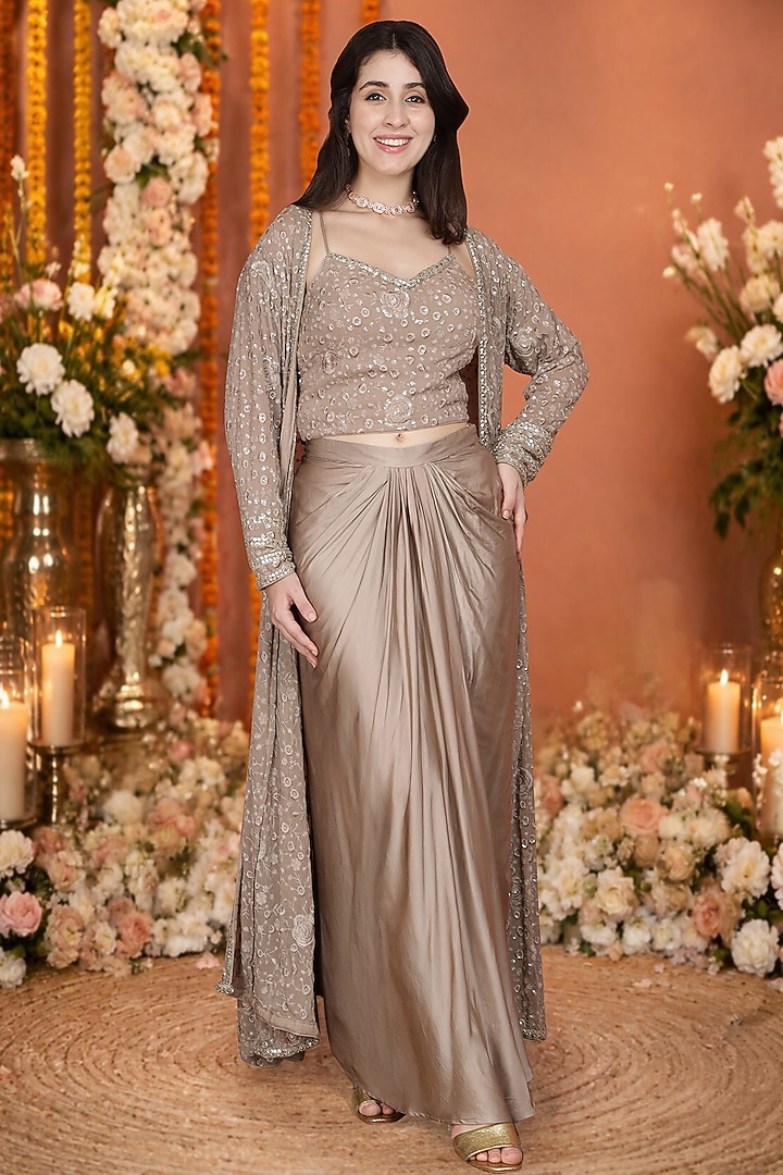 Dark Brown Modal Satin Draped Skirt Set by Milu Madan at Pernia's Pop Up Shop