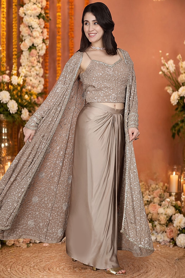 Dark Brown Modal Satin Draped Skirt Set by Milu Madan at Pernia's Pop Up Shop