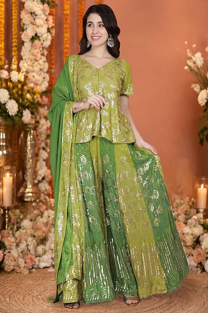 Green Georgette Flared Wedding Sharara Set by Milu Madan at Pernia's Pop Up Shop