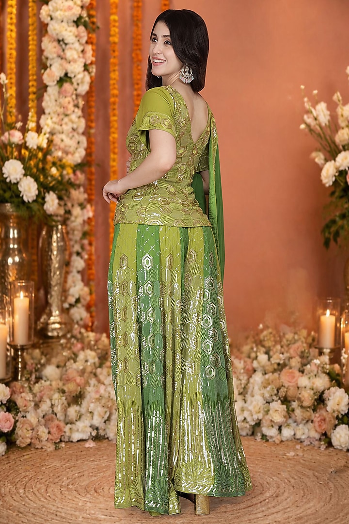 Green Georgette Flared Wedding Sharara Set by Milu Madan at Pernia's Pop Up Shop