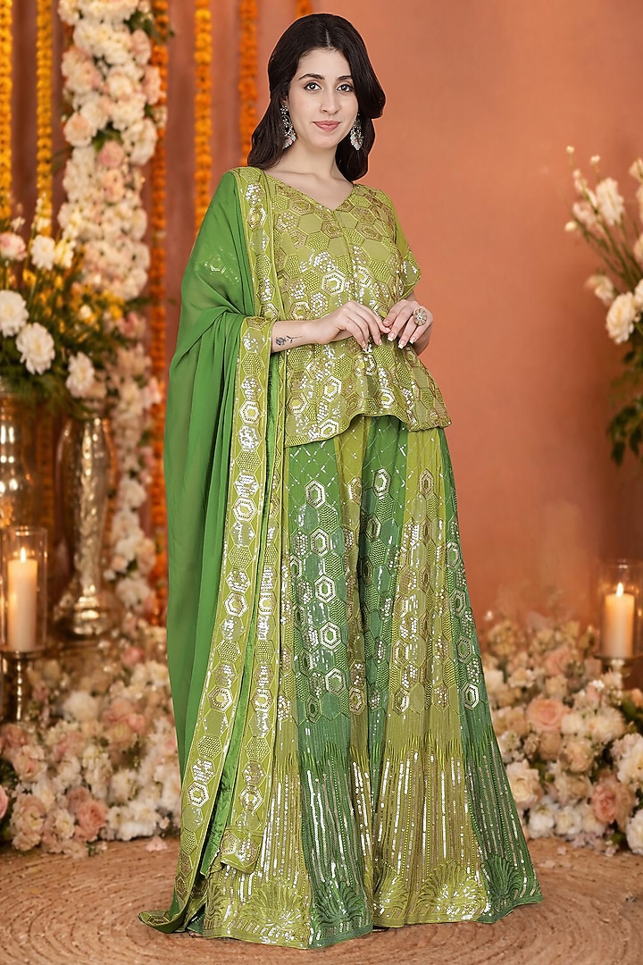 Green Georgette Flared Wedding Sharara Set by Milu Madan at Pernia's Pop Up Shop