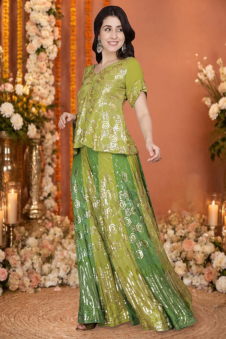 Green Georgette Flared Wedding Sharara Set by Milu Madan at Pernia's Pop Up Shop
