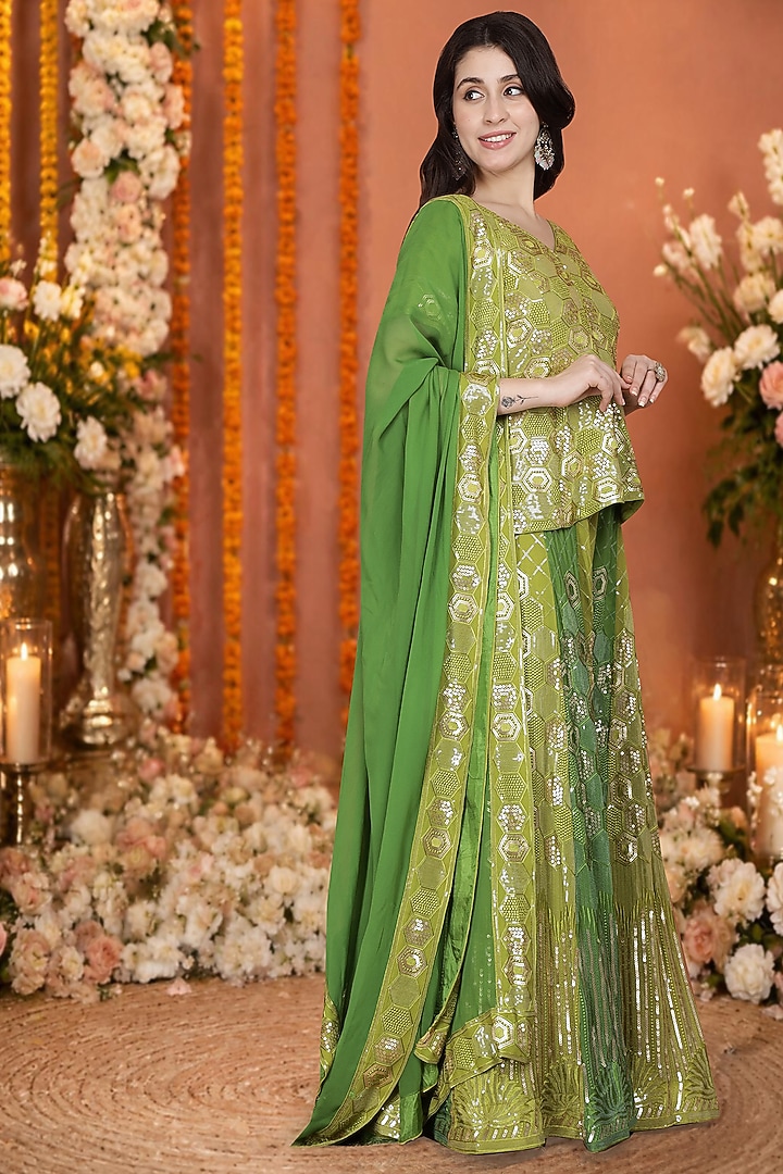 Green Georgette Flared Wedding Sharara Set by Milu Madan at Pernia's Pop Up Shop