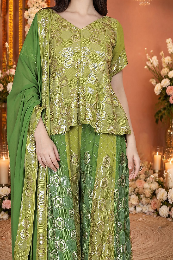Green Georgette Flared Wedding Sharara Set by Milu Madan at Pernia's Pop Up Shop