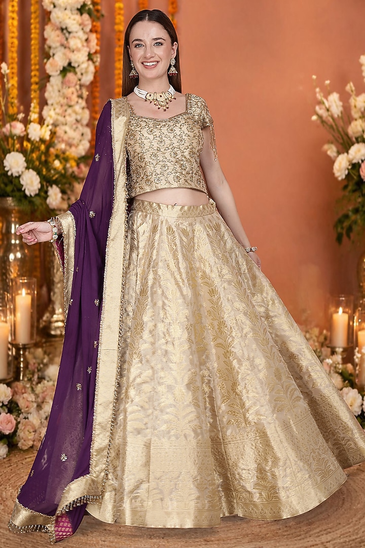 Gold Tissue Banarasi Brocade Hand Embroidered Wedding Lehenga Set by Milu Madan at Pernia's Pop Up Shop