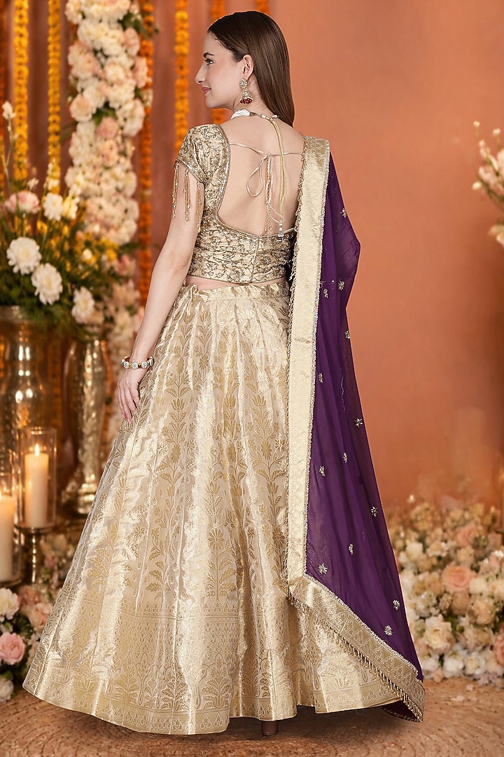 Gold Tissue Banarasi Brocade Hand Embroidered Wedding Lehenga Set by Milu Madan at Pernia's Pop Up Shop
