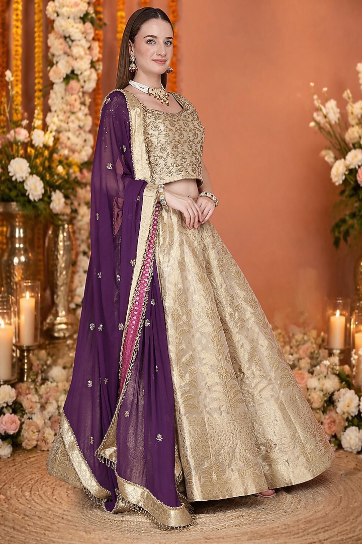 Gold Tissue Banarasi Brocade Hand Embroidered Wedding Lehenga Set by Milu Madan at Pernia's Pop Up Shop