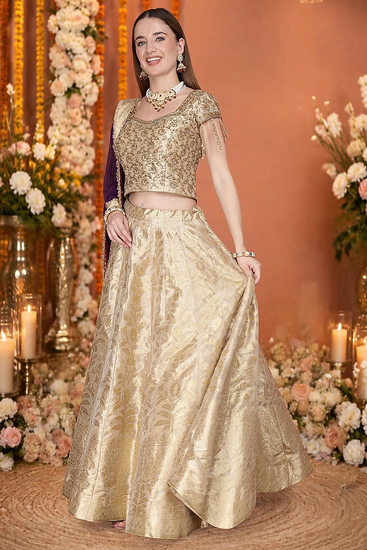 Gold Tissue Banarasi Brocade Hand Embroidered Wedding Lehenga Set by Milu Madan at Pernia's Pop Up Shop