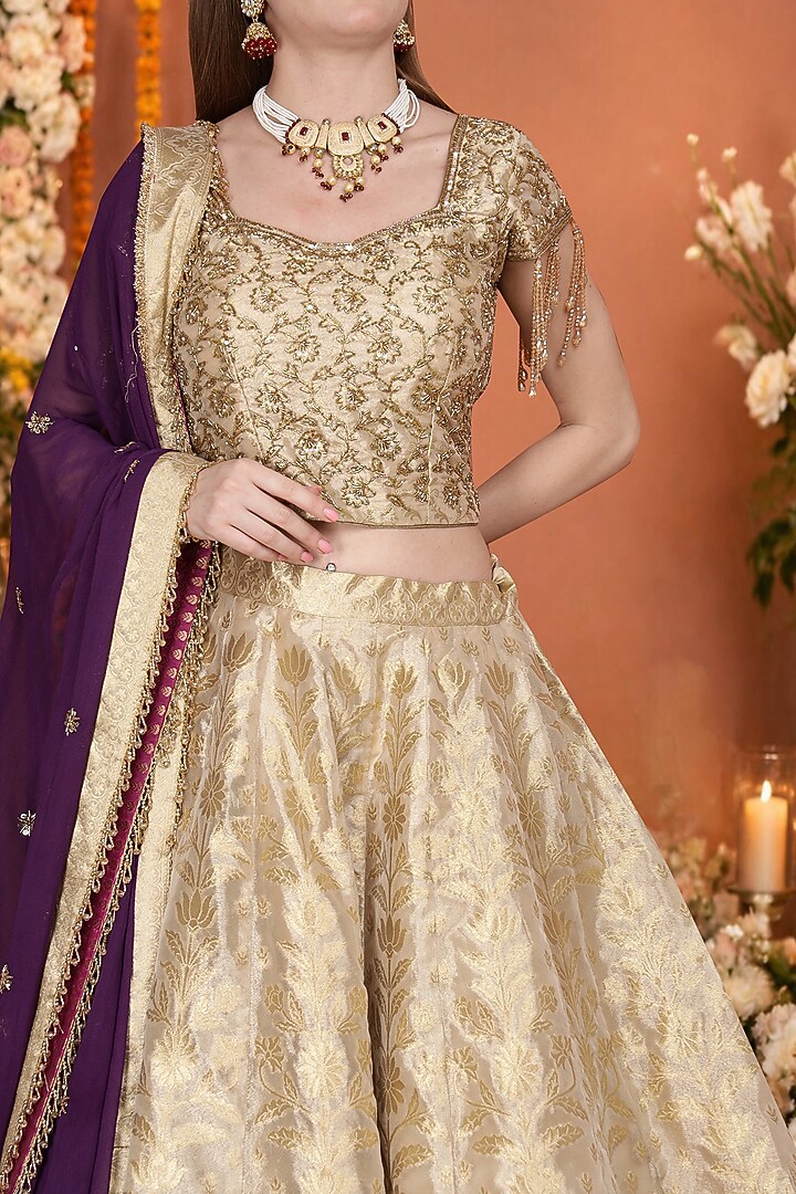 Gold Tissue Banarasi Brocade Hand Embroidered Wedding Lehenga Set by Milu Madan at Pernia's Pop Up Shop