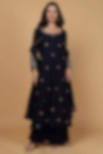 Dark Blue Katan Silk Sequins Work Party Wear Anarkali Set by Milu Madan at Pernia's Pop Up Shop