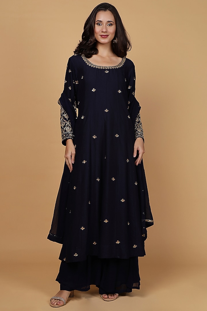 Dark Blue Katan Silk Sequins Work Party Wear Anarkali Set by Milu Madan at Pernia's Pop Up Shop