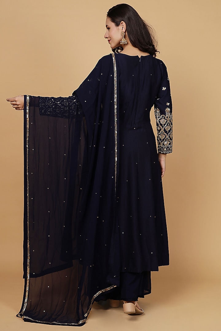 Dark Blue Katan Silk Sequins Work Party Wear Anarkali Set by Milu Madan at Pernia's Pop Up Shop