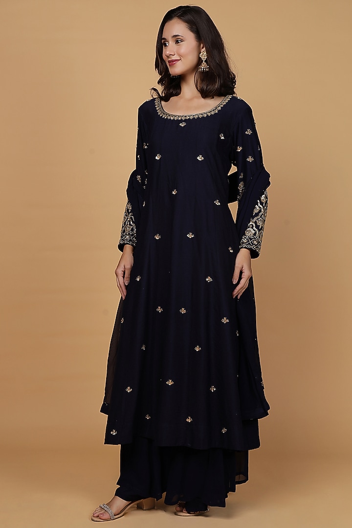 Dark Blue Katan Silk Sequins Work Party Wear Anarkali Set by Milu Madan at Pernia's Pop Up Shop