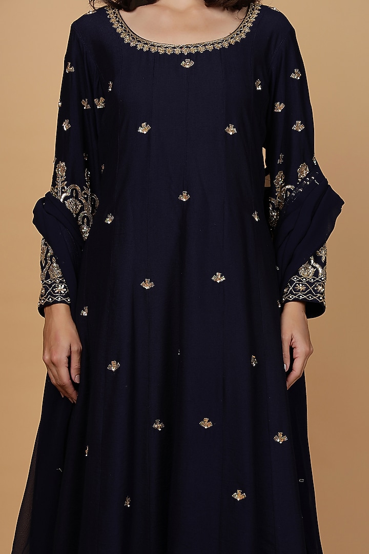 Dark Blue Katan Silk Sequins Work Party Wear Anarkali Set by Milu Madan at Pernia's Pop Up Shop