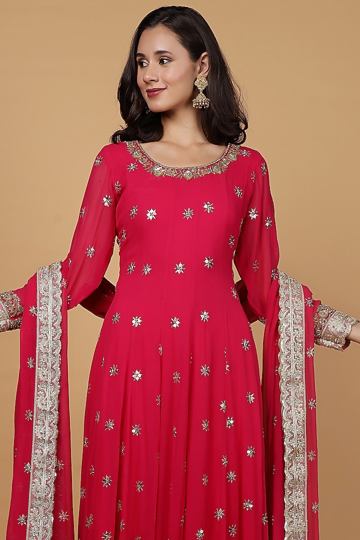 Rani Pink Georgette Hand Work Party Wear Anarkali Set by Milu Madan at Pernia's Pop Up Shop
