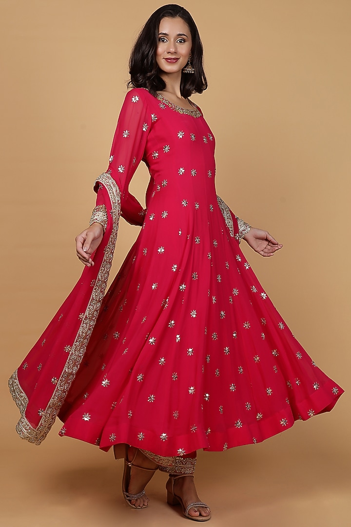 Rani Pink Georgette Hand Work Party Wear Anarkali Set by Milu Madan at Pernia's Pop Up Shop