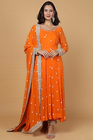 Orange Georgette Hand Work Anarkali Set by Milu Madan