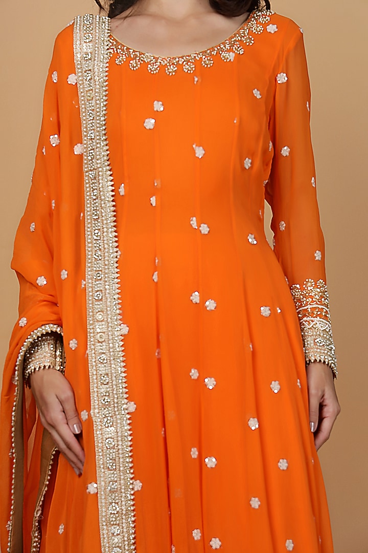 Orange Georgette Hand Work Party Wear Anarkali Set by Milu Madan at Pernia's Pop Up Shop