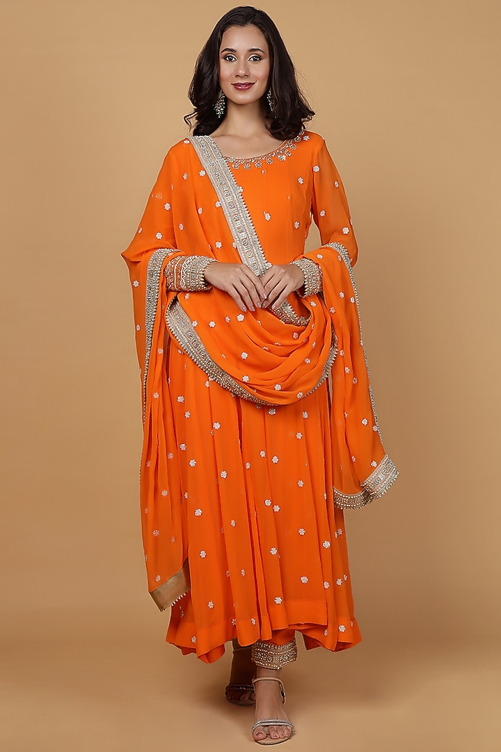Orange Georgette Hand Work Party Wear Anarkali Set by Milu Madan at Pernia's Pop Up Shop