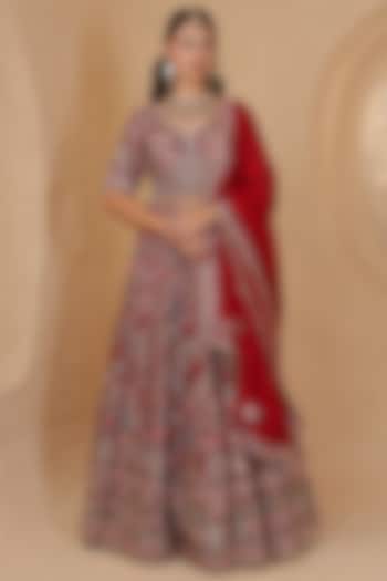 Maroon Raw Silk Hand Embroidered Bridal Lehenga Set by Milu Madan at Pernia's Pop Up Shop