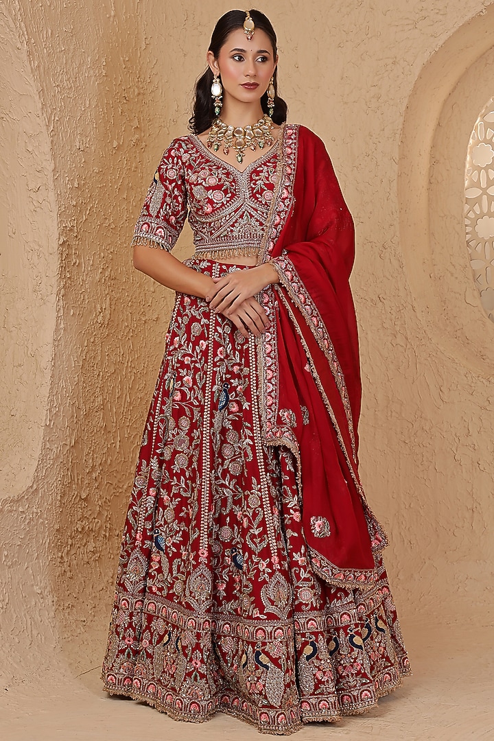Maroon Raw Silk Hand Embroidered Bridal Lehenga Set by Milu Madan at Pernia's Pop Up Shop