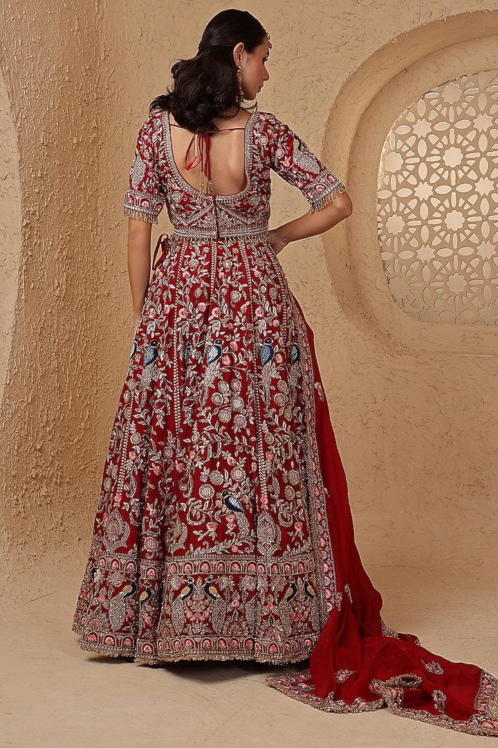 Maroon Raw Silk Hand Embroidered Bridal Lehenga Set by Milu Madan at Pernia's Pop Up Shop