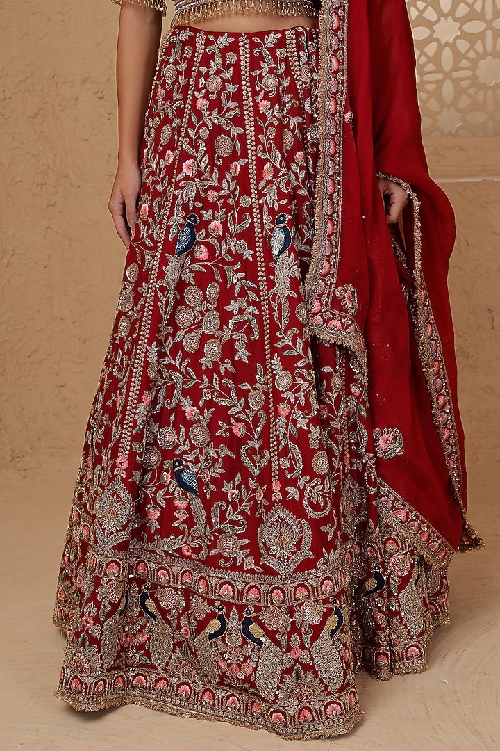 Maroon Raw Silk Hand Embroidered Bridal Lehenga Set by Milu Madan at Pernia's Pop Up Shop