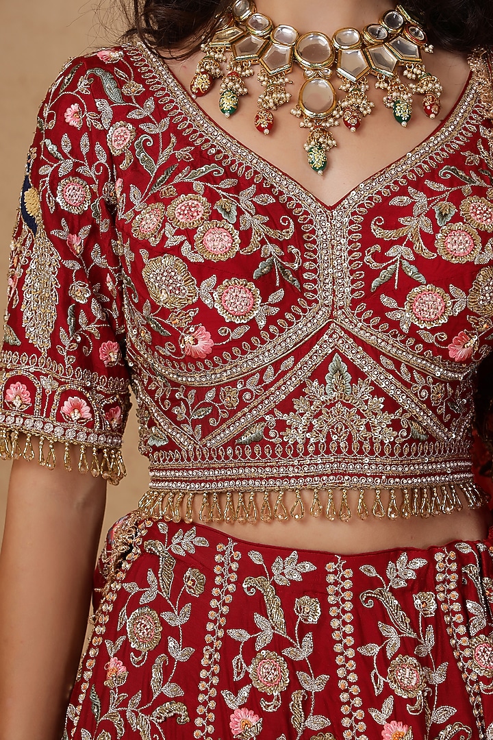 Maroon Raw Silk Hand Embroidered Bridal Lehenga Set by Milu Madan at Pernia's Pop Up Shop