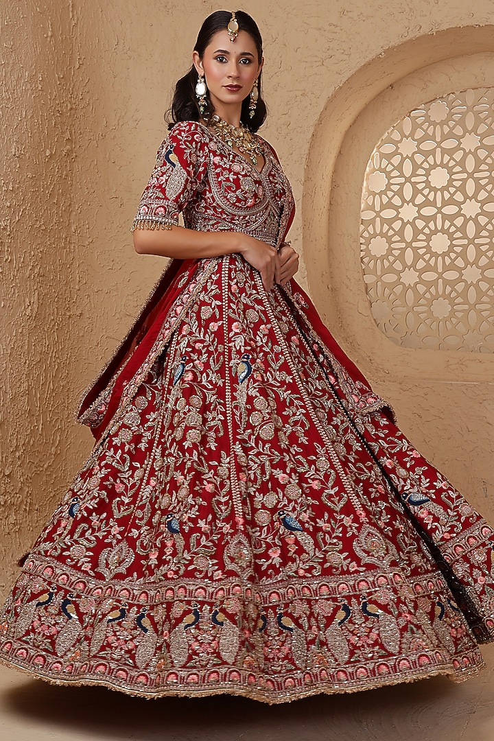 Maroon Raw Silk Hand Embroidered Bridal Lehenga Set by Milu Madan at Pernia's Pop Up Shop