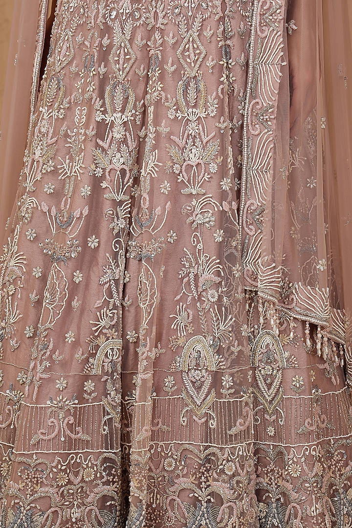 Onion Pink Net Hand Embroidered Wedding Lehenga Set by Milu Madan at Pernia's Pop Up Shop