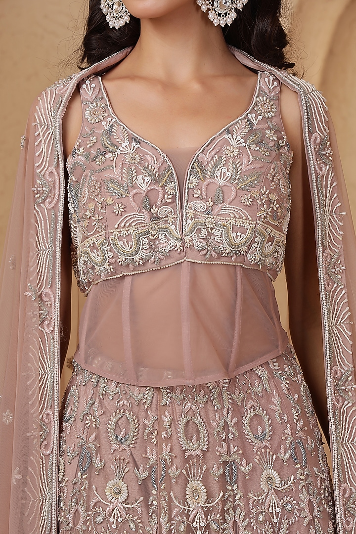 Onion Pink Net Hand Embroidered Wedding Lehenga Set by Milu Madan at Pernia's Pop Up Shop