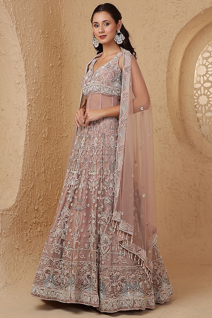 Onion Pink Net Hand Embroidered Wedding Lehenga Set by Milu Madan at Pernia's Pop Up Shop