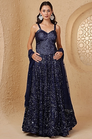 Dark Blue Net Bead Work Lehenga Set by Milu Madan