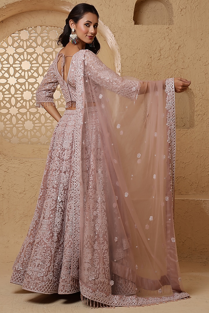 Dull Pink Net Embroidered Wedding Lehenga Set by Milu Madan at Pernia's Pop Up Shop