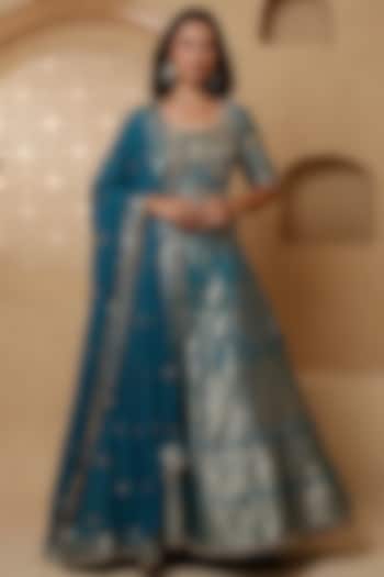 Persian Blue Silk Brocade Hand Embroidered Wedding Lehenga Set by Milu Madan at Pernia's Pop Up Shop