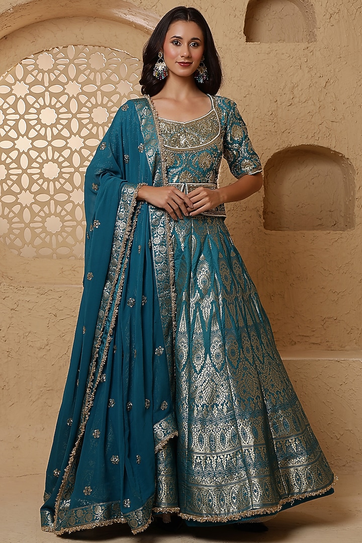 Persian Blue Silk Brocade Hand Embroidered Wedding Lehenga Set by Milu Madan at Pernia's Pop Up Shop