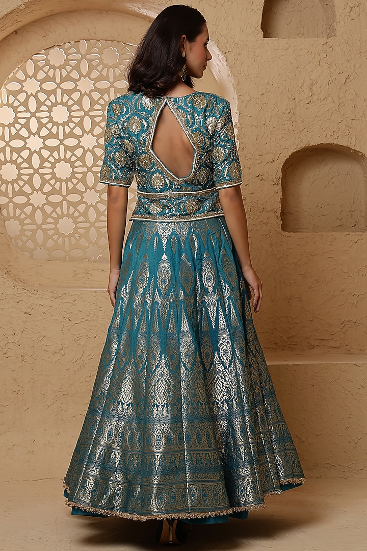 Persian Blue Silk Brocade Hand Embroidered Wedding Lehenga Set by Milu Madan at Pernia's Pop Up Shop