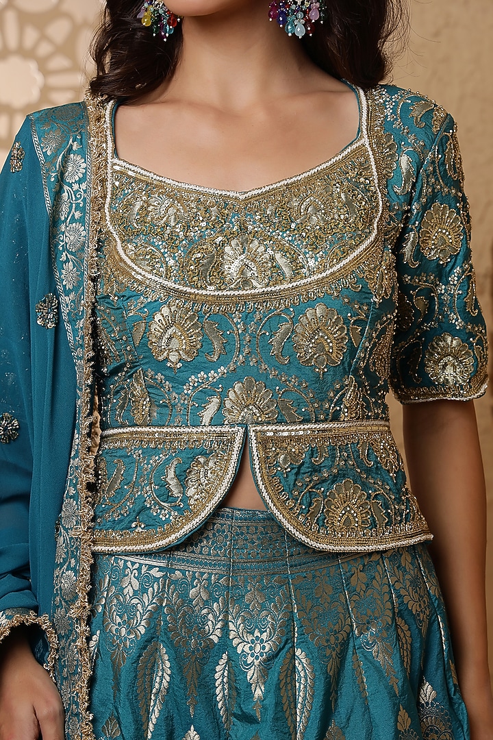 Persian Blue Silk Brocade Hand Embroidered Wedding Lehenga Set by Milu Madan at Pernia's Pop Up Shop