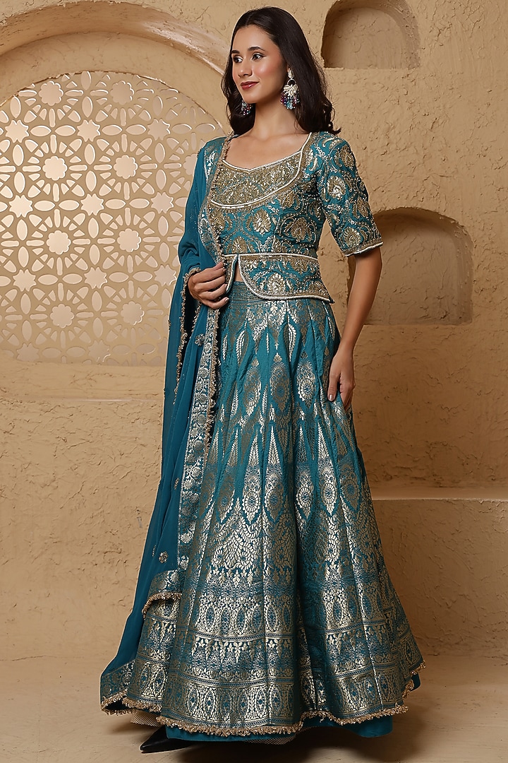 Persian Blue Silk Brocade Hand Embroidered Wedding Lehenga Set by Milu Madan at Pernia's Pop Up Shop