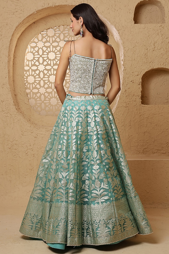 Teal Blue Brocade Pearl Work Wedding Lehenga Set by Milu Madan at Pernia's Pop Up Shop