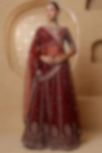 Dark Maroon Viscose Silk Hand Embroidered Wedding Lehenga Set by Milu Madan at Pernia's Pop Up Shop
