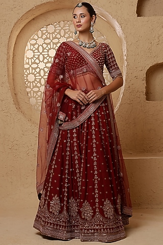 Dark Maroon Viscose Silk Hand Embroidered Lehenga Set by Milu Madan