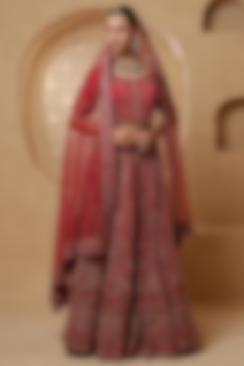 Red Viscose Silk Hand Work Bridal lehenga for 22 Lehenga Set by Milu Madan at Pernia's Pop Up Shop