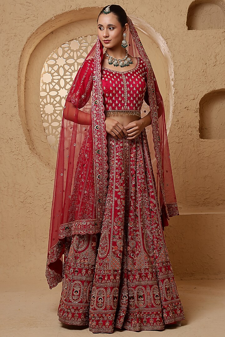 Red Viscose Silk Hand Work Bridal lehenga for 22 Lehenga Set by Milu Madan at Pernia's Pop Up Shop