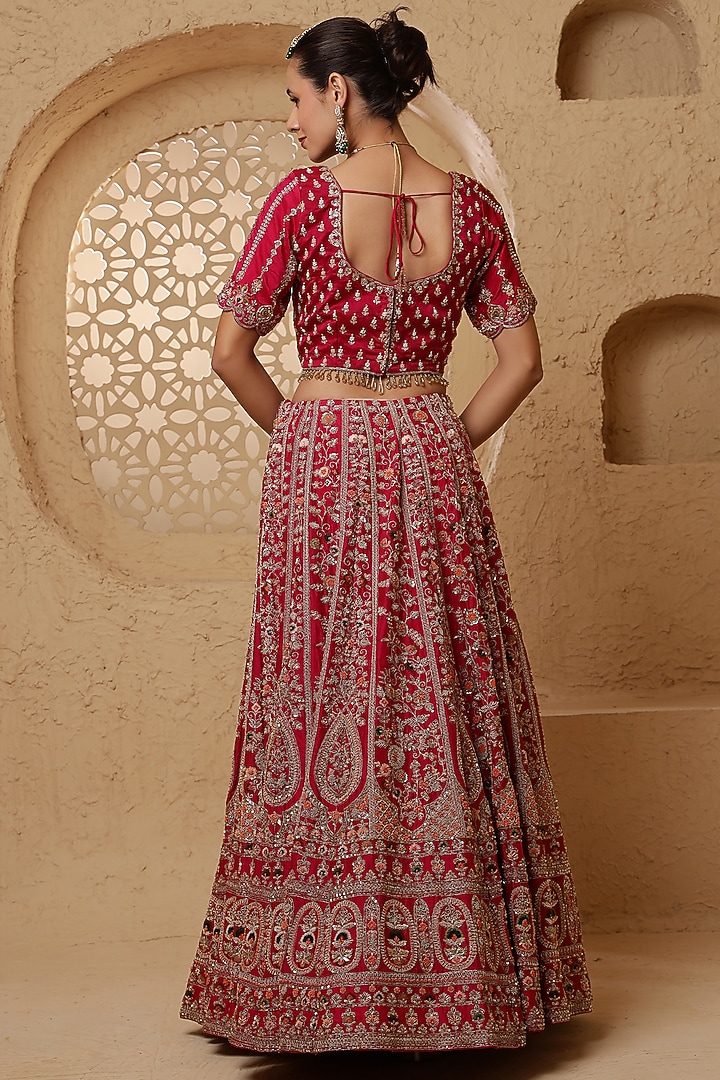 Red Viscose Silk Hand Work Bridal Lehenga Set by Milu Madan at Pernia's Pop Up Shop